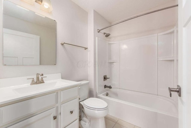 full bathroom with tile patterned flooring, a textured ceiling, toilet, vanity, and shower / bathing tub combination