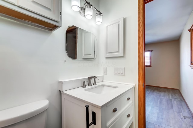 bathroom with vanity, hardwood / wood-style floors, and toilet