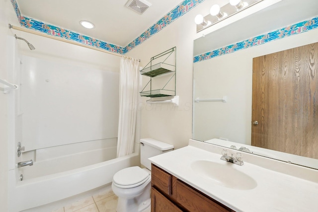 full bathroom with shower / bath combo, toilet, tile patterned flooring, and vanity