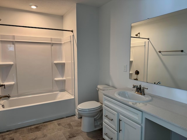 full bathroom with bathing tub / shower combination, vanity, and toilet