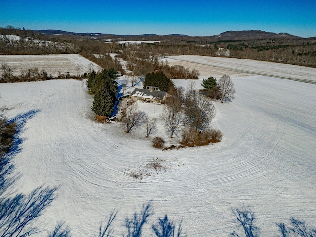 snowy aerial view with a mountain view