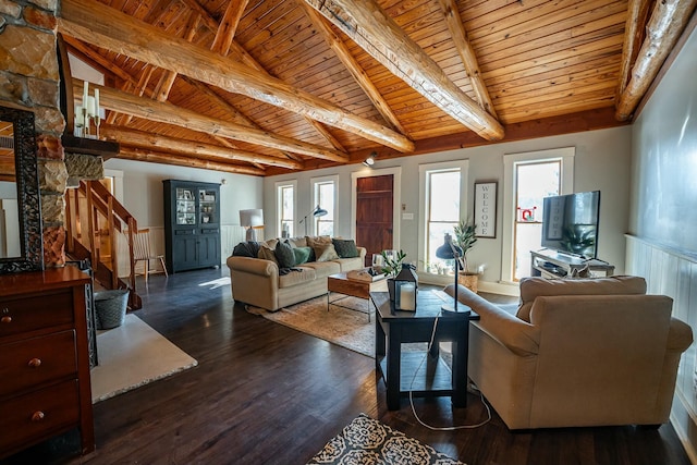 living room with wooden ceiling, dark wood-type flooring, and beamed ceiling