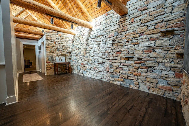 unfurnished living room featuring wooden ceiling, dark wood-type flooring, and beamed ceiling