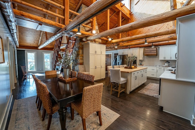 dining area featuring beamed ceiling, dark hardwood / wood-style floors, wooden ceiling, and high vaulted ceiling