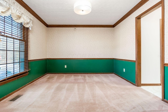 carpeted empty room with crown molding and a textured ceiling