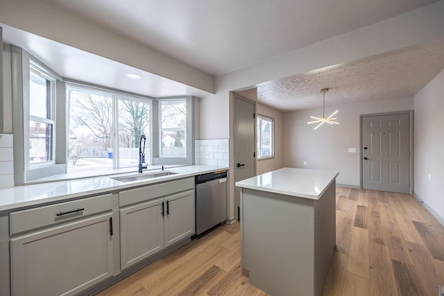 kitchen featuring a center island, tasteful backsplash, dishwasher, sink, and light hardwood / wood-style flooring