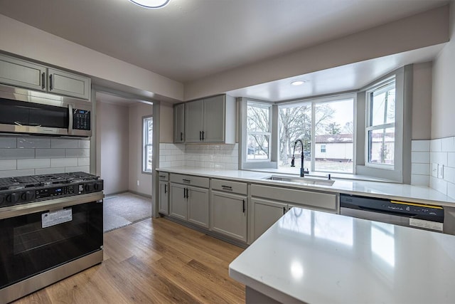 kitchen featuring decorative backsplash, sink, gray cabinetry, and stainless steel appliances