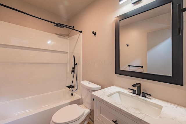 full bathroom featuring vanity, toilet, and  shower combination