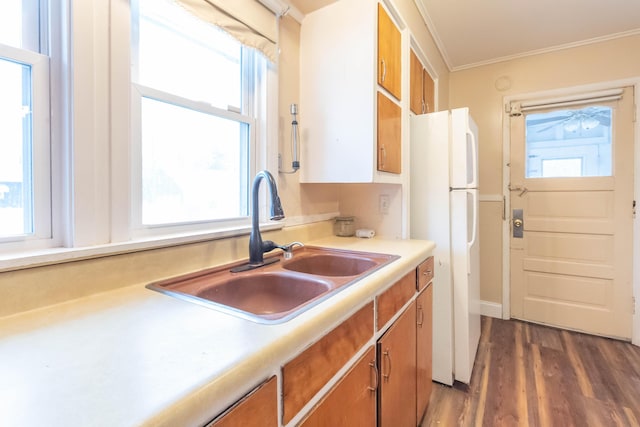 kitchen with white refrigerator, crown molding, sink, and a wealth of natural light