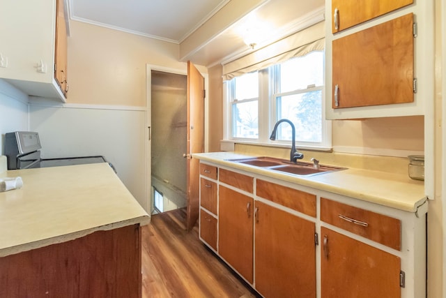 kitchen with dark hardwood / wood-style floors, ornamental molding, range, and sink