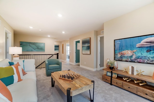 living room featuring light carpet