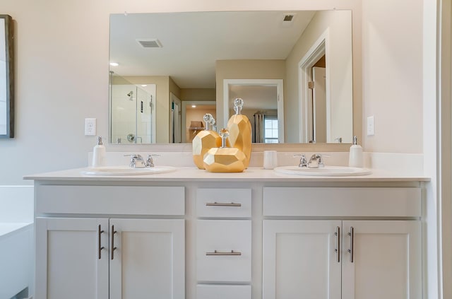 bathroom featuring vanity and an enclosed shower