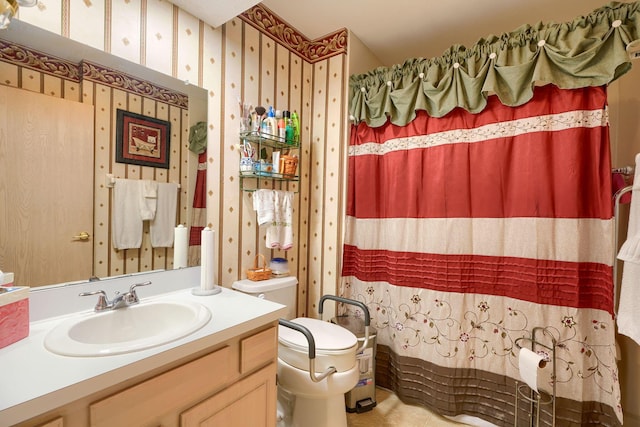 bathroom with vanity, toilet, and a shower with shower curtain