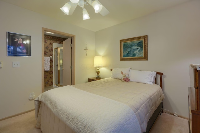 bedroom with light colored carpet and ceiling fan