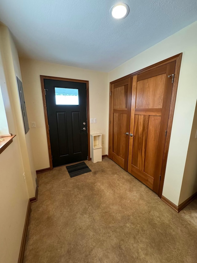 foyer featuring light carpet and a textured ceiling