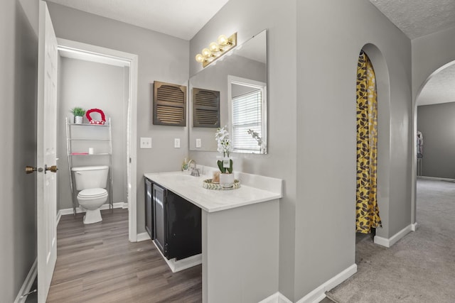 bathroom with vanity, wood-type flooring, toilet, and a textured ceiling