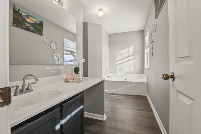 bathroom with hardwood / wood-style floors, vanity, a washtub, and a textured ceiling