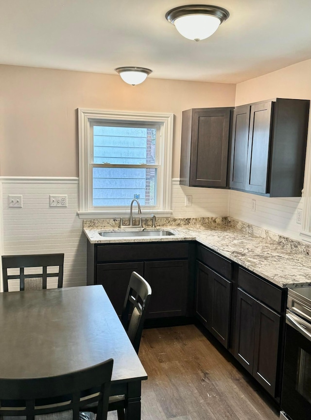 kitchen featuring light stone countertops, sink, and dark hardwood / wood-style flooring