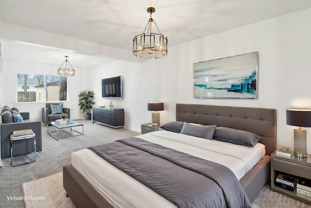 carpeted bedroom with a notable chandelier