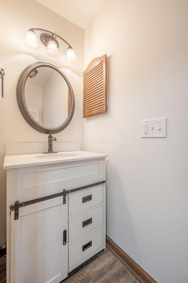 bathroom with hardwood / wood-style flooring and vanity