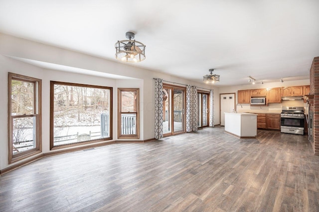 unfurnished living room with sink and dark hardwood / wood-style floors