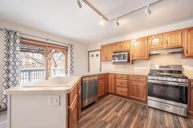 kitchen featuring sink, rail lighting, stainless steel appliances, dark hardwood / wood-style floors, and kitchen peninsula