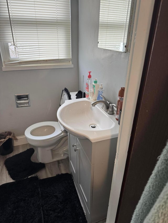 bathroom with vanity, hardwood / wood-style floors, and toilet