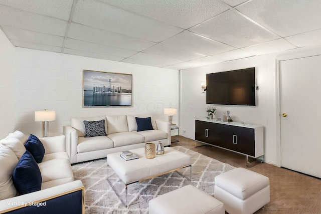 living room with carpet and a drop ceiling