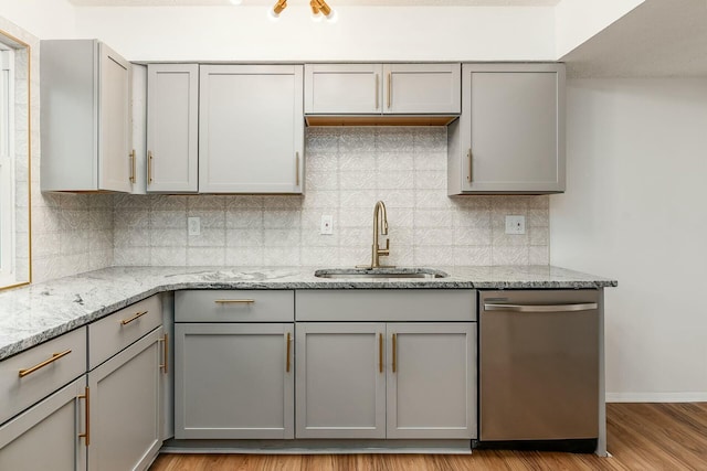 kitchen with stainless steel dishwasher, sink, and gray cabinetry