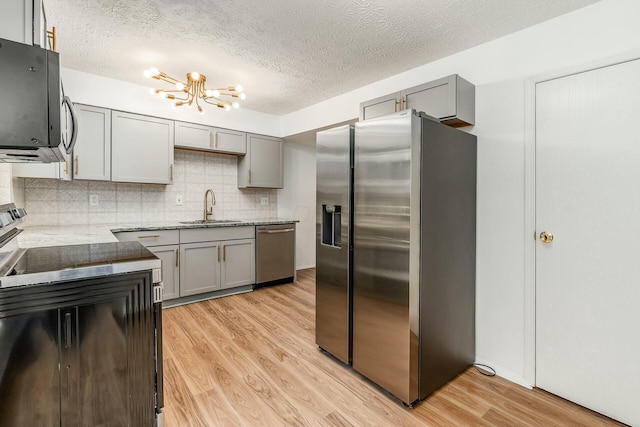 kitchen with sink, gray cabinetry, stainless steel appliances, a notable chandelier, and a textured ceiling