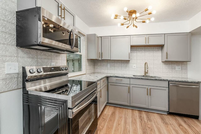 kitchen with appliances with stainless steel finishes, sink, gray cabinetry, and a textured ceiling