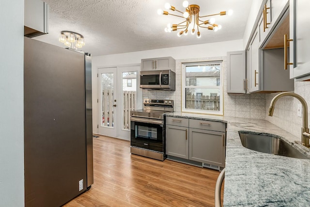 kitchen with sink, gray cabinetry, backsplash, a notable chandelier, and stainless steel appliances