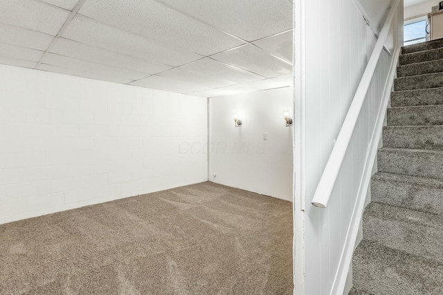 basement featuring carpet and a paneled ceiling