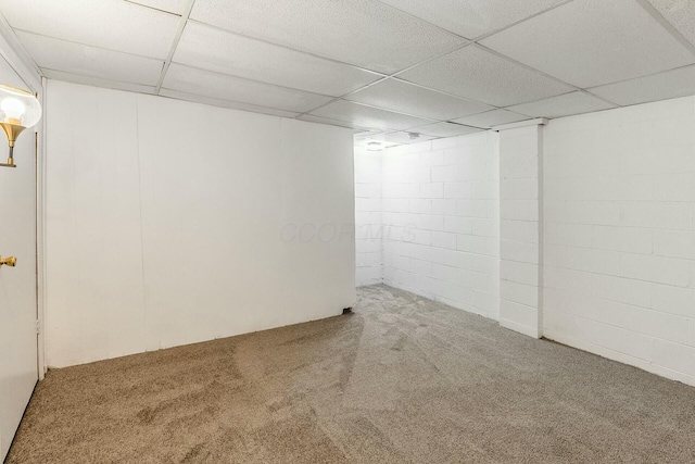 basement with carpet floors and a drop ceiling