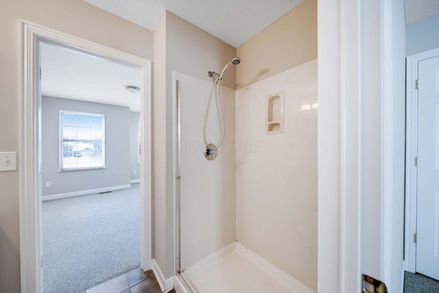 bathroom featuring walk in shower and tile patterned flooring