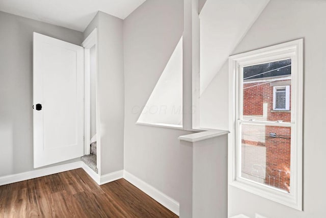 corridor with dark wood-type flooring, vaulted ceiling, and a wealth of natural light