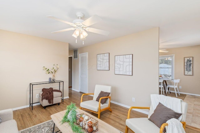 living room featuring ceiling fan and light hardwood / wood-style floors