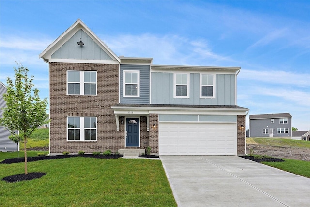 1208 Heathgate Way, Fairborn, OH 45324 - view of front facade featuring board and batten siding, a garage, a front yard, driveway, and brick siding
