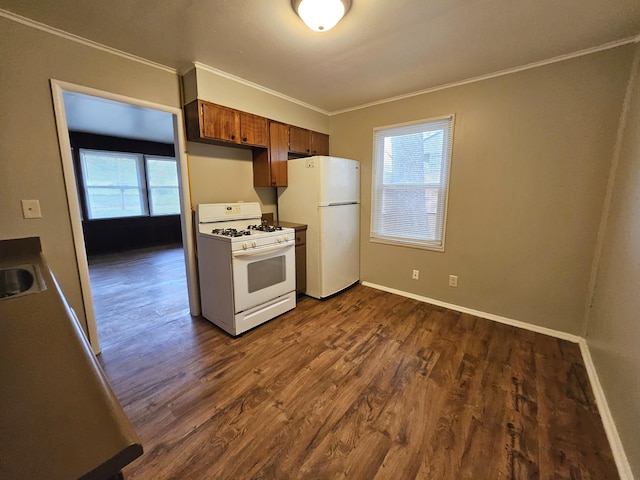 kitchen featuring dark wood-type flooring, white appliances, sink, and a wealth of natural light