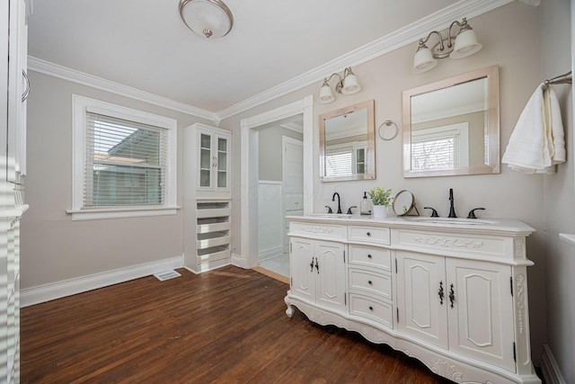 bathroom with hardwood / wood-style flooring, crown molding, and vanity