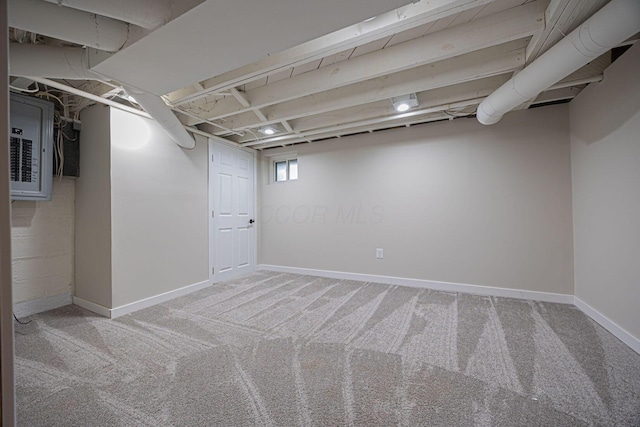 basement with carpet floors and electric panel