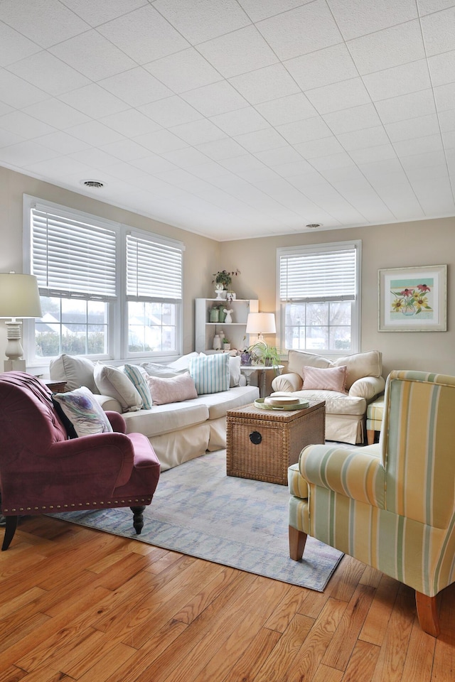 living room with a wealth of natural light and light hardwood / wood-style floors