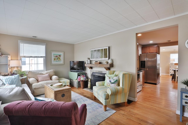 living room featuring crown molding and light hardwood / wood-style flooring