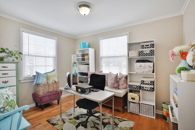 office with light hardwood / wood-style flooring, a wealth of natural light, and ornamental molding