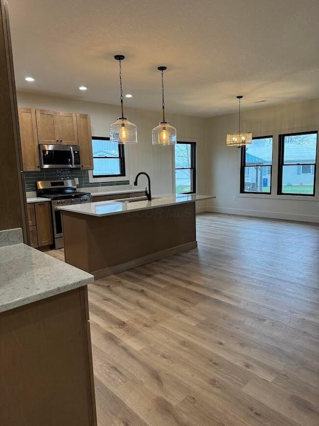 kitchen with pendant lighting, a kitchen island with sink, light hardwood / wood-style floors, and appliances with stainless steel finishes