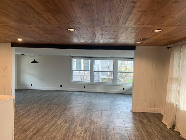 unfurnished room with wood ceiling and dark wood-type flooring