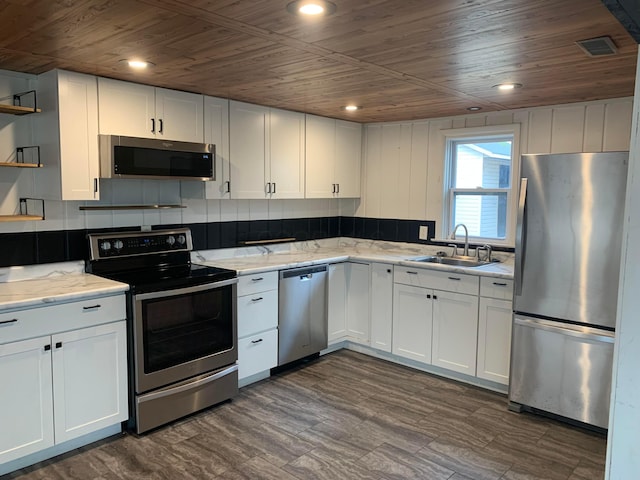 kitchen featuring white cabinetry, sink, wooden ceiling, and stainless steel appliances