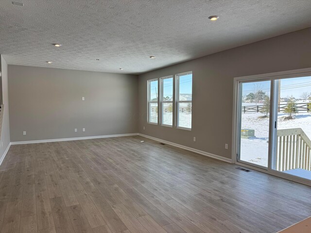 empty room with light hardwood / wood-style flooring, a textured ceiling, and a wealth of natural light