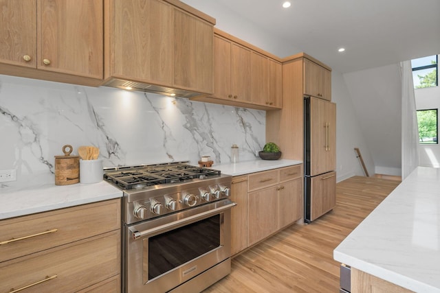 kitchen featuring light stone countertops, recessed lighting, light wood finished floors, decorative backsplash, and high quality appliances