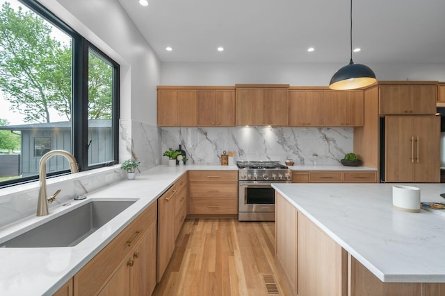 kitchen with light wood finished floors, a sink, premium appliances, decorative backsplash, and recessed lighting
